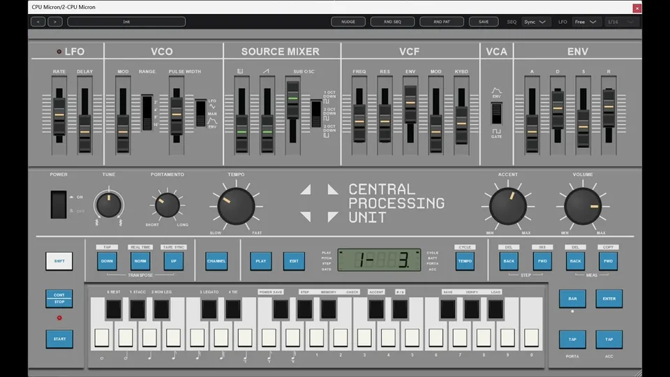 CPU Micron Sub Bass demo - the plugin's panel, with the sequencer running